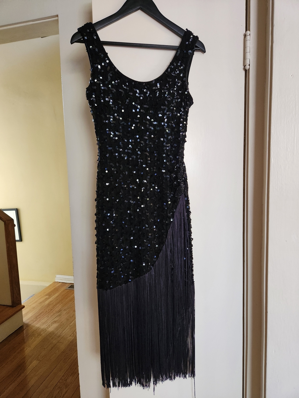 Dave & Johnny Black Sequin Fringe Midi Dress with Scoop Neck